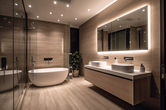 Modern bathroom with a freestanding tub, dual sinks, and illuminated mirror.