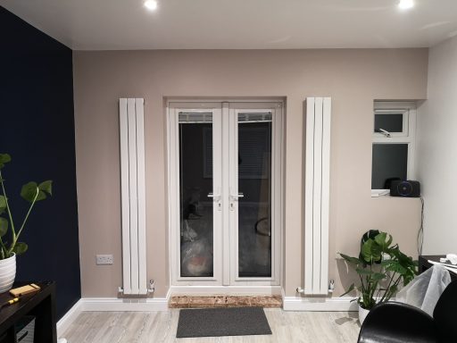 Interior view featuring double doors with vertical radiators flanking them and a potted plant.